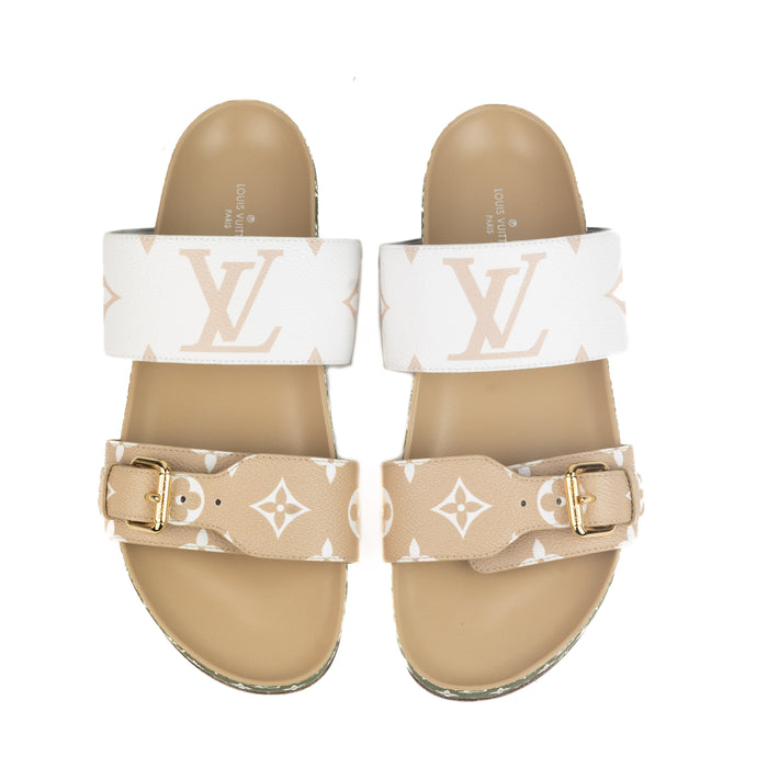 Louis Vuitton Bom Dia Flat Mule in Green Tan and White