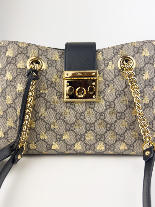 Gucci GG Supreme Monogram Bees Small Padlock Tote Beige Oro Black