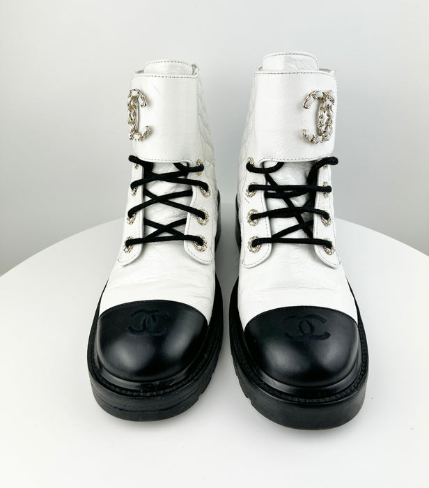 Chanel Women Lace Up Boots White and Black