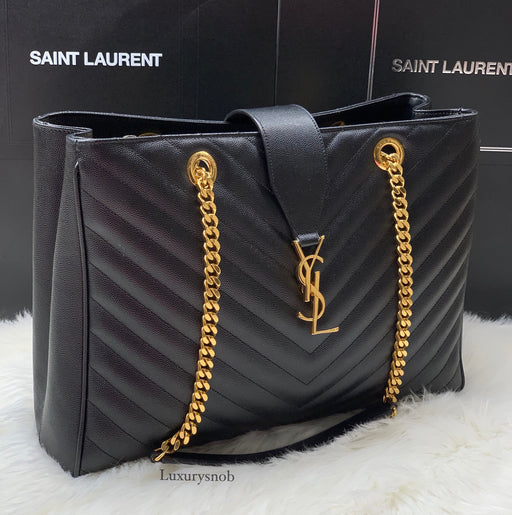 SAINT LAURENT GRAIN DE POUDRE MATELASSE CHEVRON MONOGRAM SHOPPING BAG - LuxurySnob