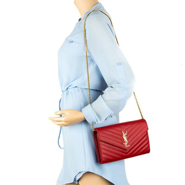YSL ENVELOPE MONOGRAM CHAIN WALLET RED - LuxurySnob