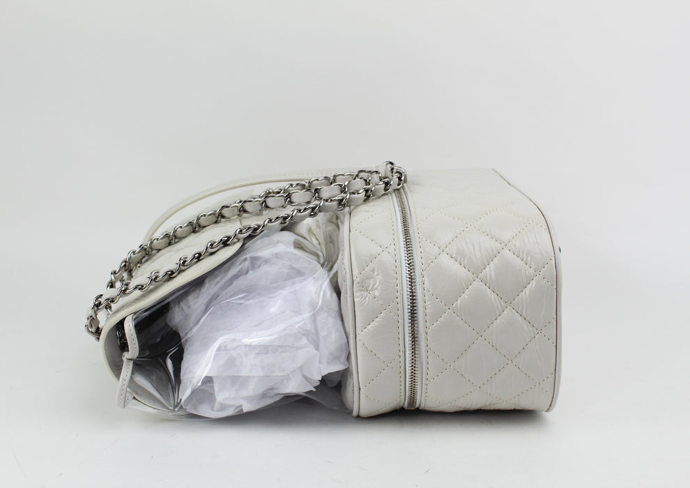 Chanel White Crumpled Leather & Transparent PVC Vanity Flap Backpack Bag