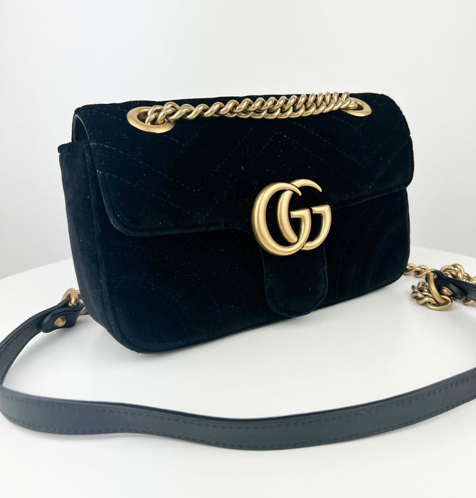 Gucci Velvet Matelasse Mini GG Marmont Shoulder Bag in black