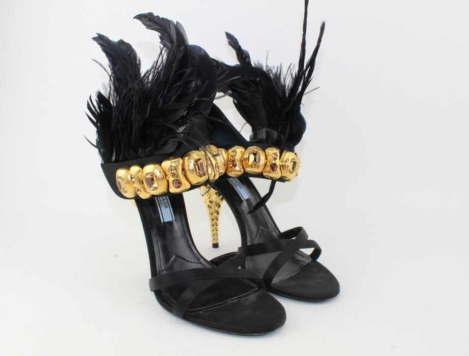 PRADA BLACK FEATHER SATIN GOLD JEWEL SANDAL