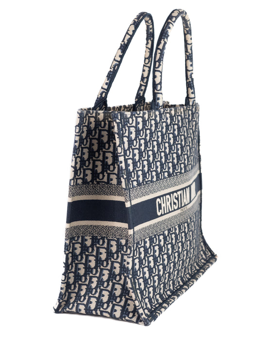 Dior Large Book Tote in Blue Dior Oblique Embroidery