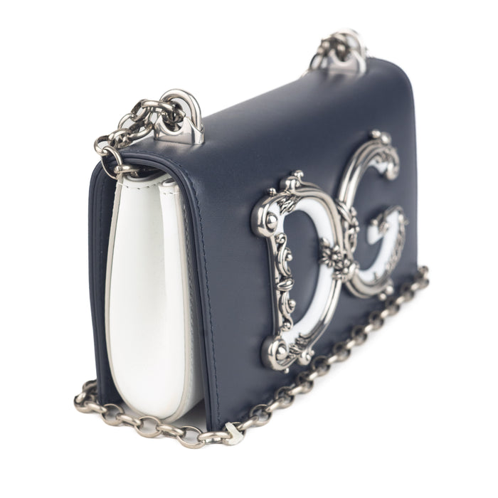 Dolce and Gabbana Barocco Leather Shoulder Bag blue and white
