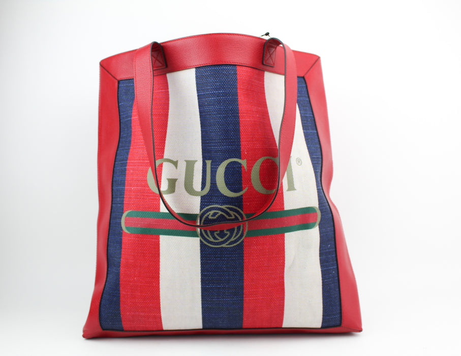 Gucci Leather Trimmed Canvas Stripe Sylvia Tote