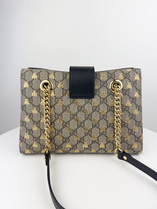 Gucci GG Supreme Monogram Bees Small Padlock Tote Beige Oro Black