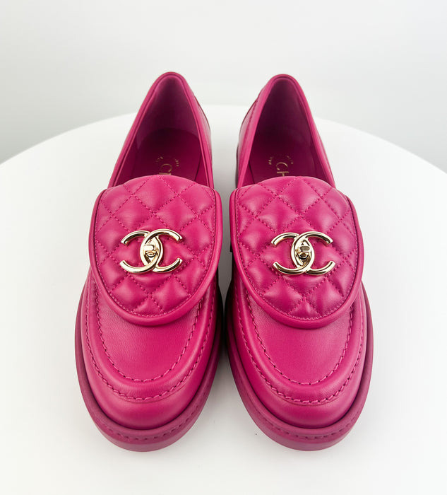 Chanel Rev Leather Quilted Tab Turn Lock CC Loafers Moccasin Flat Shoes Fuschia