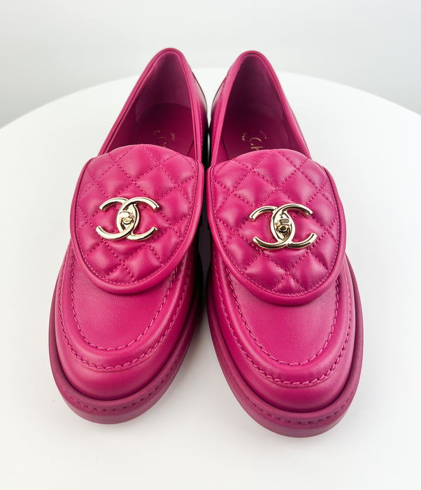 Chanel Rev Leather Quilted Tab Turn Lock CC Loafers Moccasin Flat Shoes Fuschia