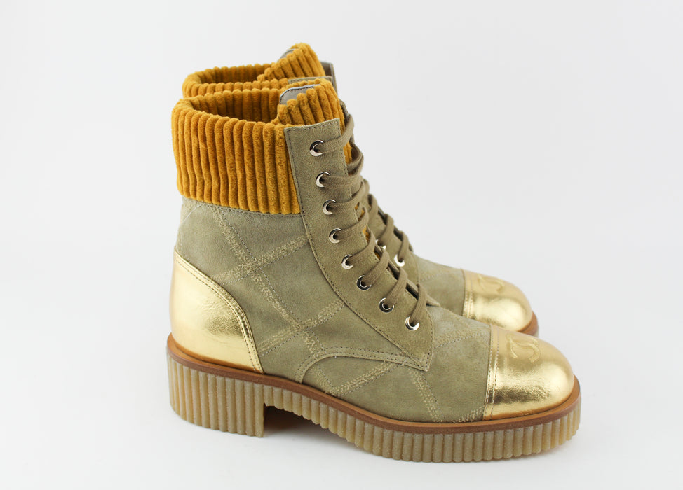 Chanel Lace up suede calfskin boots Beige/ Gold