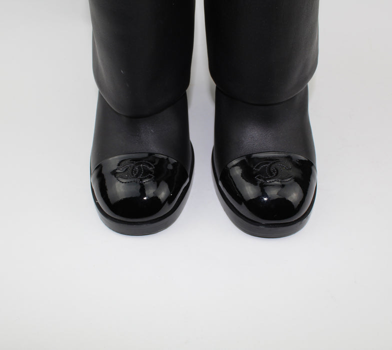 CHANEL CALF LEATHER PATENT CAP TOE  FOLD OVER BOOTS - LuxurySnob