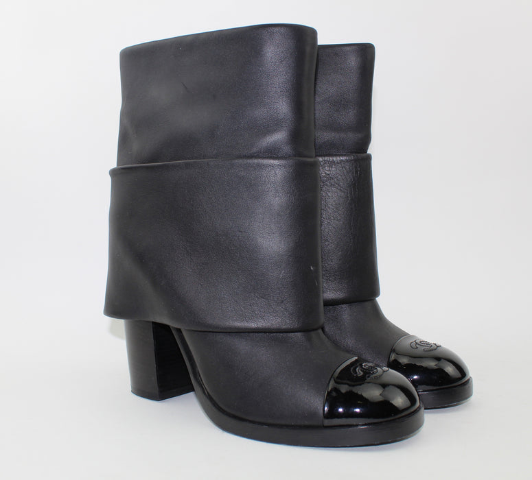 CHANEL CALF LEATHER PATENT CAP TOE  FOLD OVER BOOTS - LuxurySnob