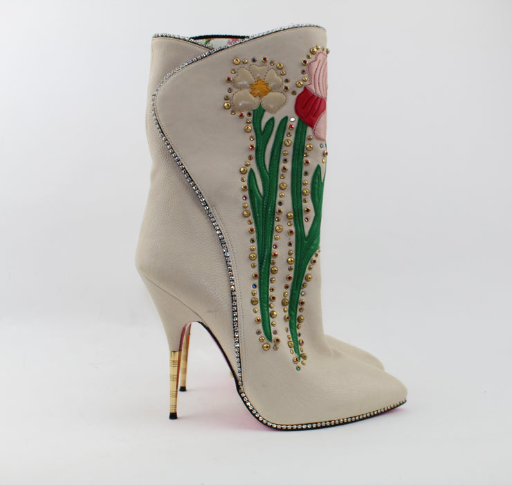 GUCCI FOSCA FLORAL-EMBROIDERED LEATHER BOOT SIZE 39 - LuxurySnob