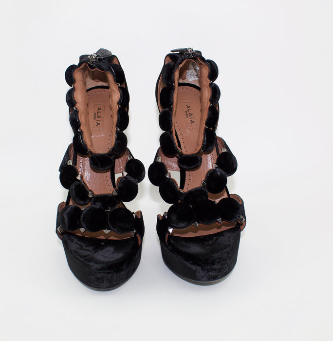 ALAÏA BOMBE ANKLE-STRAP VELVET PLATFORM SANDALS size 38.5