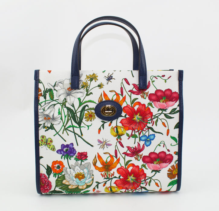GUCCI FLORA MEDIUM LEATHER TRIMMED PRINTED CANVAS TOTE