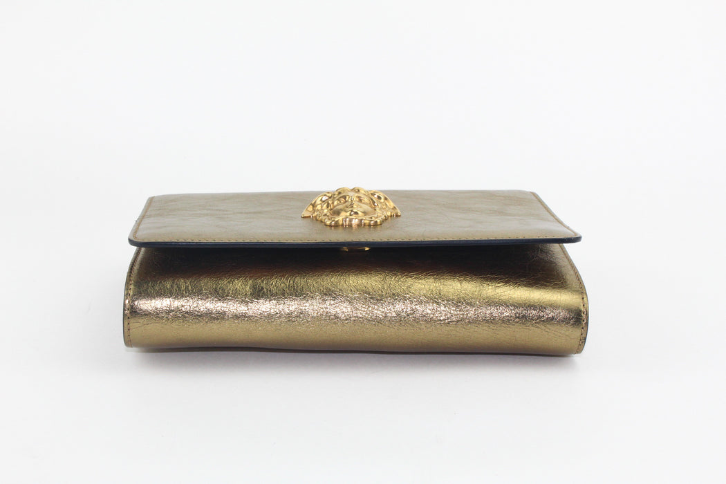 VERSACE METALLIC CALFSKIN PALAZZO CHAIN BAG GOLD