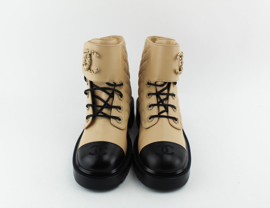 CHANEL WOMEN LACE UP BOOTS BEIGE AND BLACK