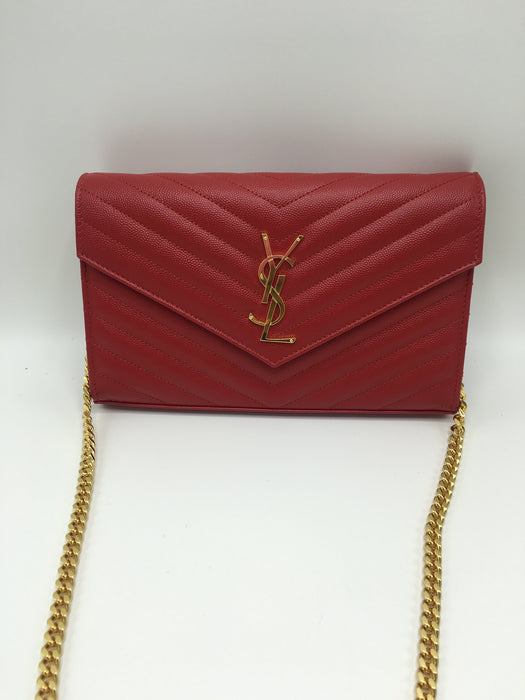 YSL ENVELOPE MONOGRAM CHAIN WALLET RED - LuxurySnob