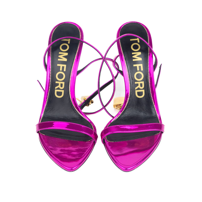 Tom Ford Mirrored Leather Padlock Satin Sandals in Fuschia