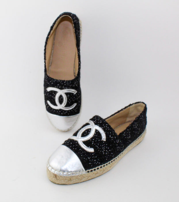 CHANEL TWEED BLACK AND SILVER ESPADRILLES