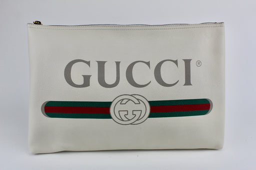 GUCCI WHITE LOGO LARGE LEATHER POUCH