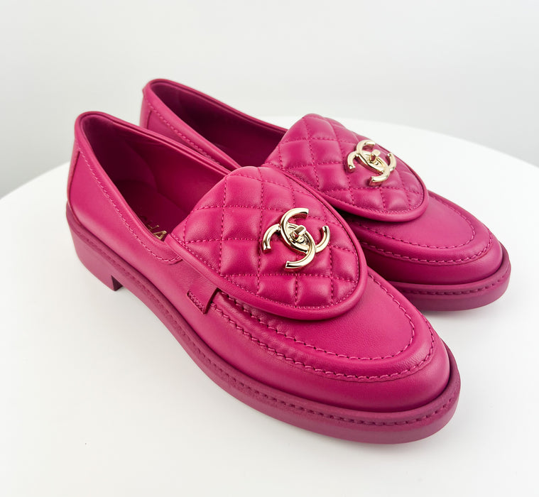 Chanel Rev Leather Quilted Tab Turn Lock CC Loafers Moccasin Flat Shoes Fuschia