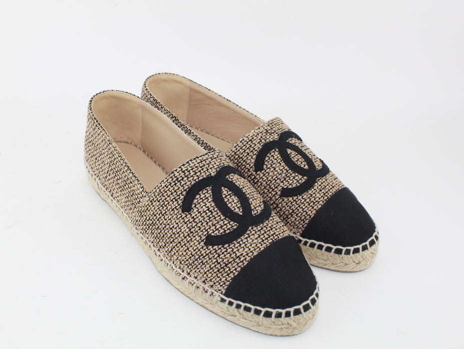 Chanel Espadrille Tweed Gold Beige & Black