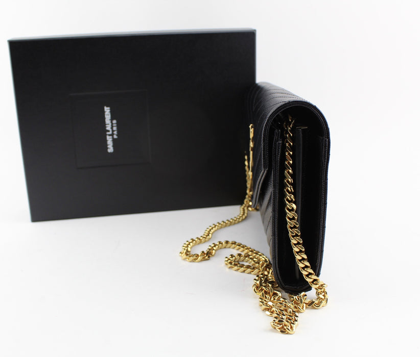 SAINT LAURENT MONOGRAM CHAIN WALLET IN GRAIN DE POUDRE EMBOSSED LEATHER