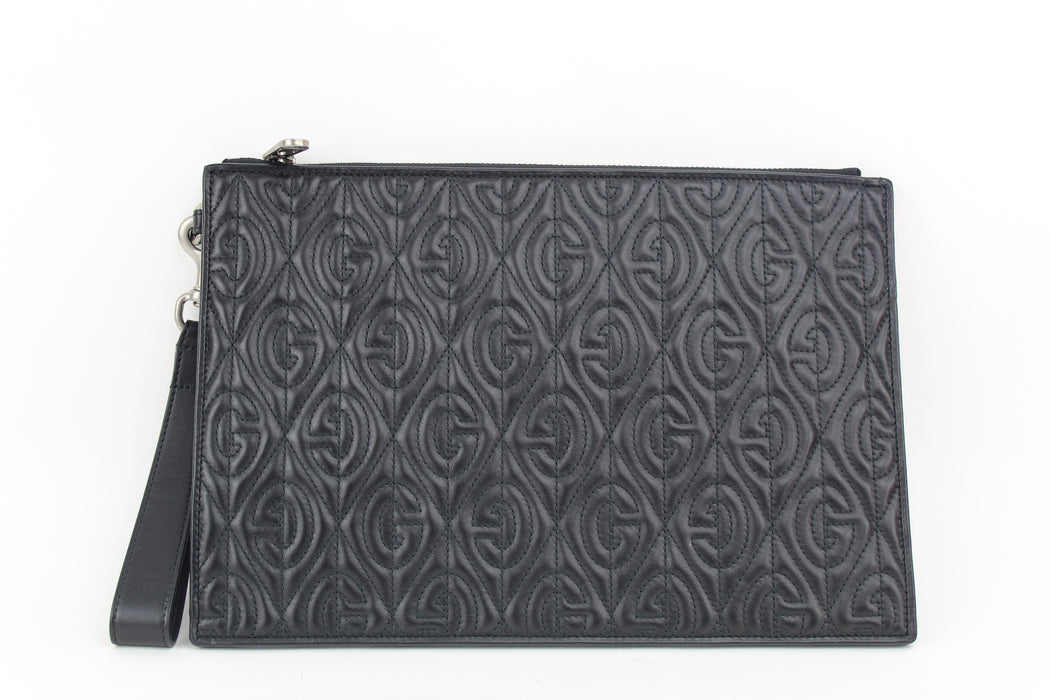 Gucci Black Gg Rhombus Quilted Leather Pouch