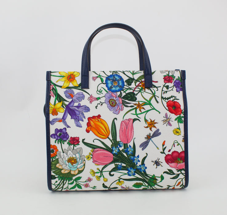 GUCCI FLORA MEDIUM LEATHER TRIMMED PRINTED CANVAS TOTE