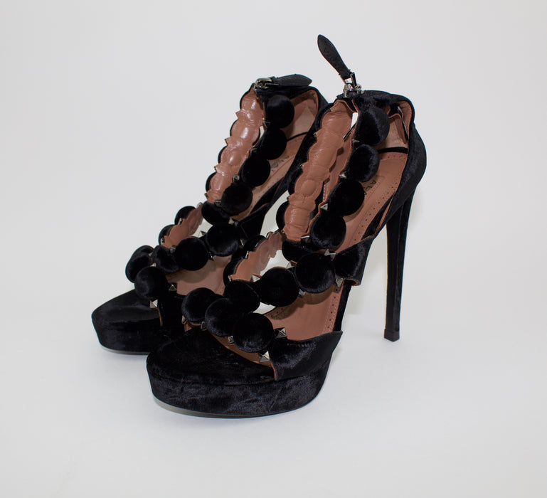 ALAÏA BOMBE ANKLE-STRAP VELVET PLATFORM SANDALS size 38.5