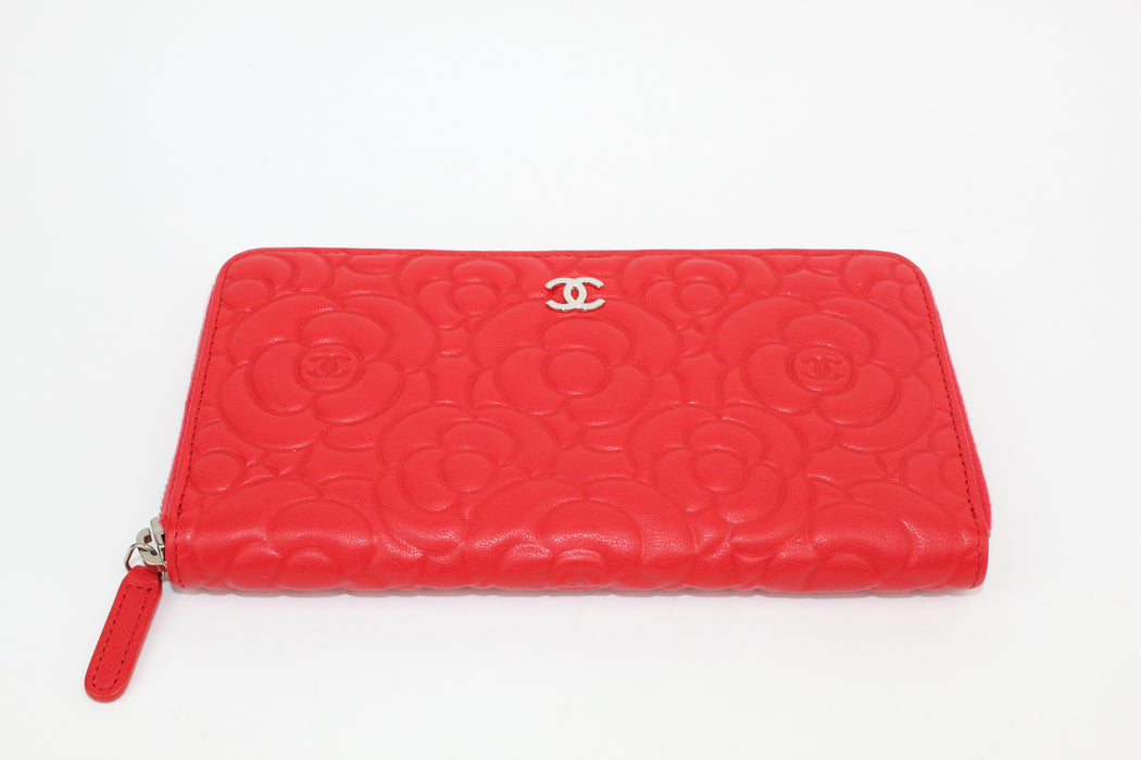 Chanel Camellia Embosed Large Zip Wallet