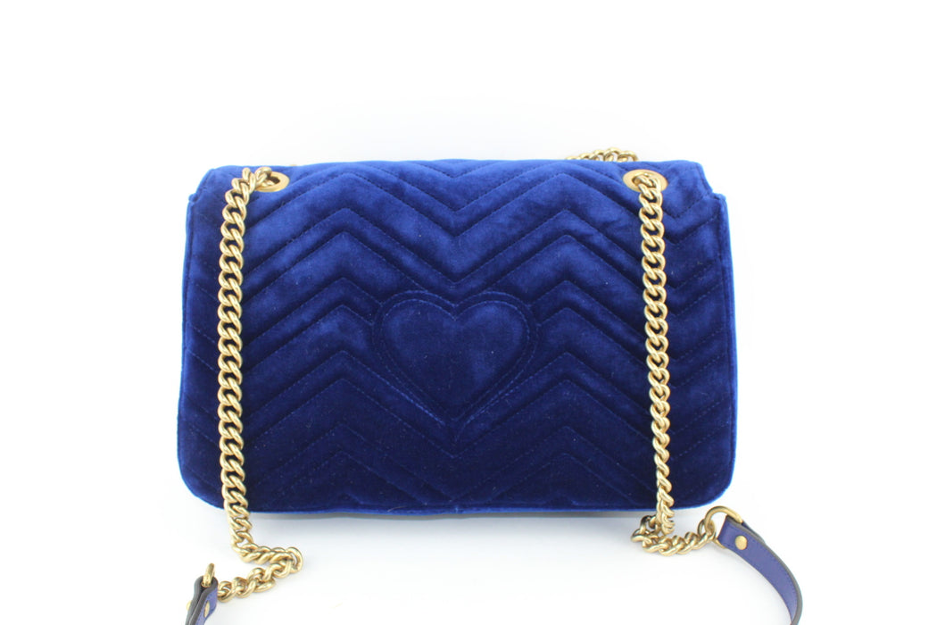 GUCCI MEDIUM GG MARMONT VELVET SHOULDER BAG BLUE