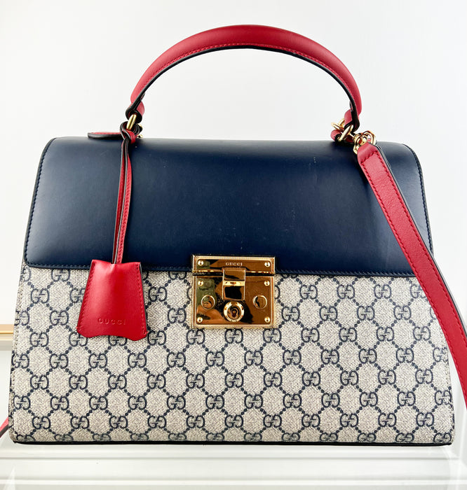 Gucci Medium Padlock GG Supreme Monogram Top Handle Satchel Bag Blue