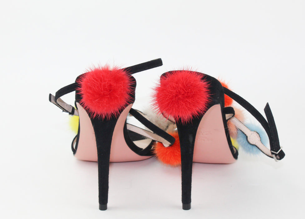 Fendi Suede Ankle-Wrap Sandal w/Mink Fur Pompoms