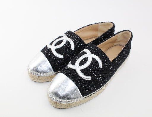 CHANEL TWEED BLACK AND SILVER ESPADRILLES