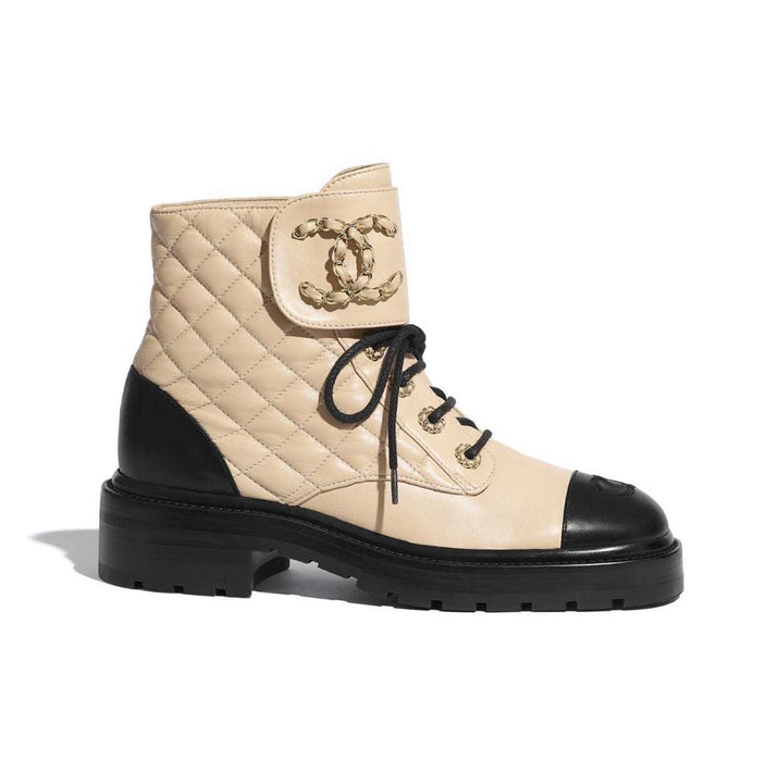 Chanel Women Lace Up Boots Beige and Black