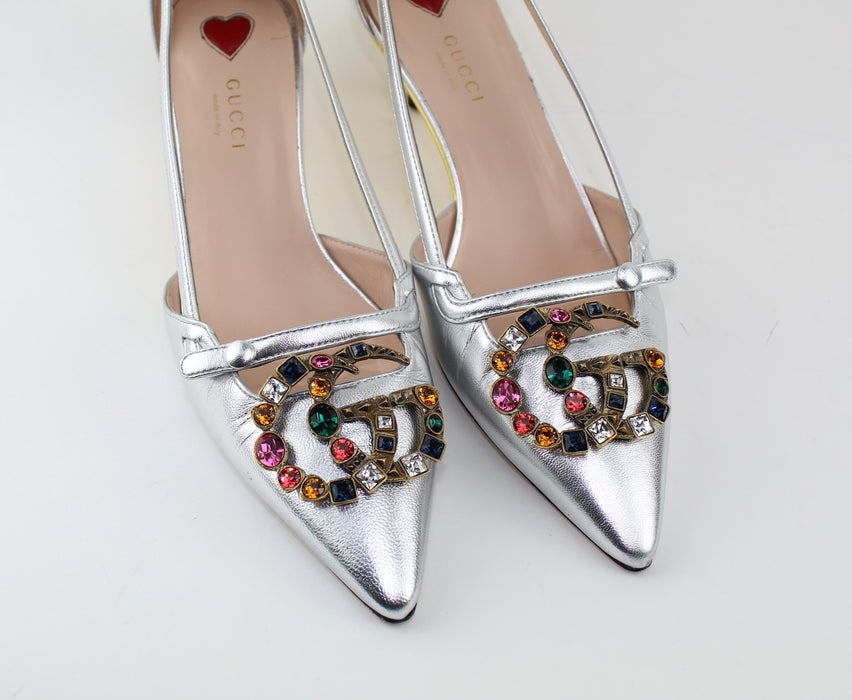 GUCCI METALLIC LEATHER PUMP WITH CRYSTAL DOUBLE G - LuxurySnob