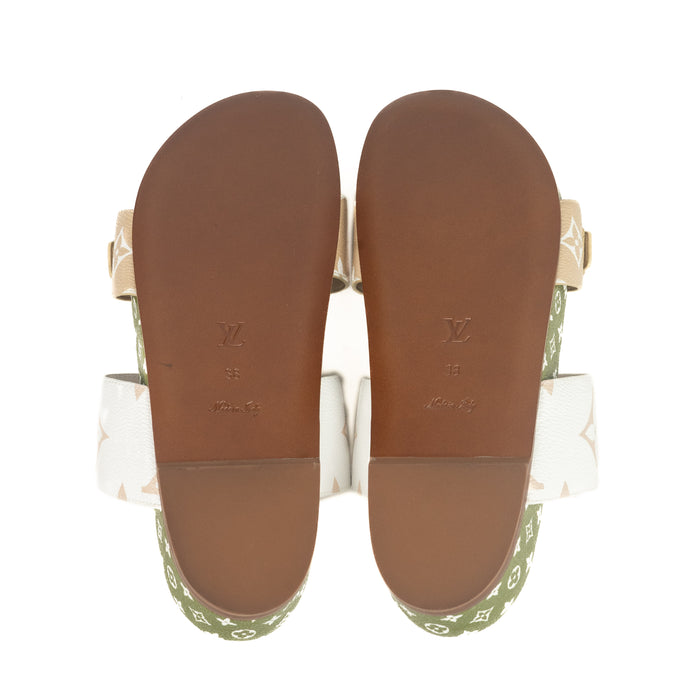 Louis Vuitton Bom Dia Flat Mule in Green Tan and White