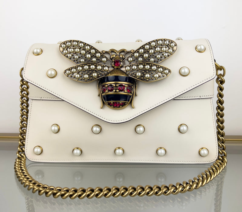 Gucci Broadway Pearly Bee Shoulder Bag Embellished Leather
