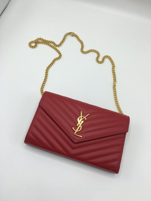 YSL ENVELOPE MONOGRAM CHAIN WALLET RED - LuxurySnob