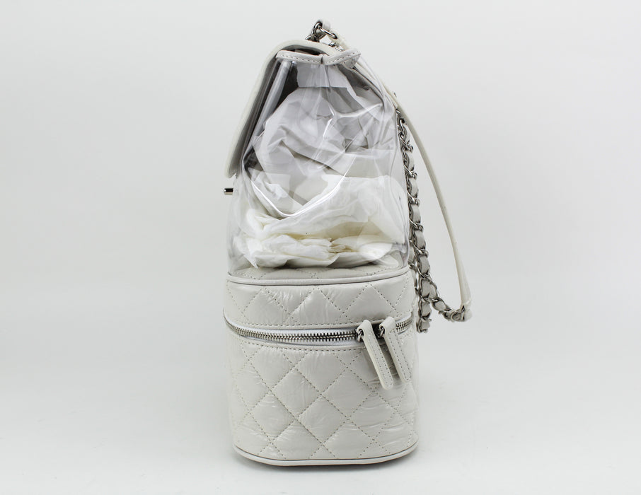 Chanel White Crumpled Leather & Transparent PVC Vanity Flap Backpack Bag