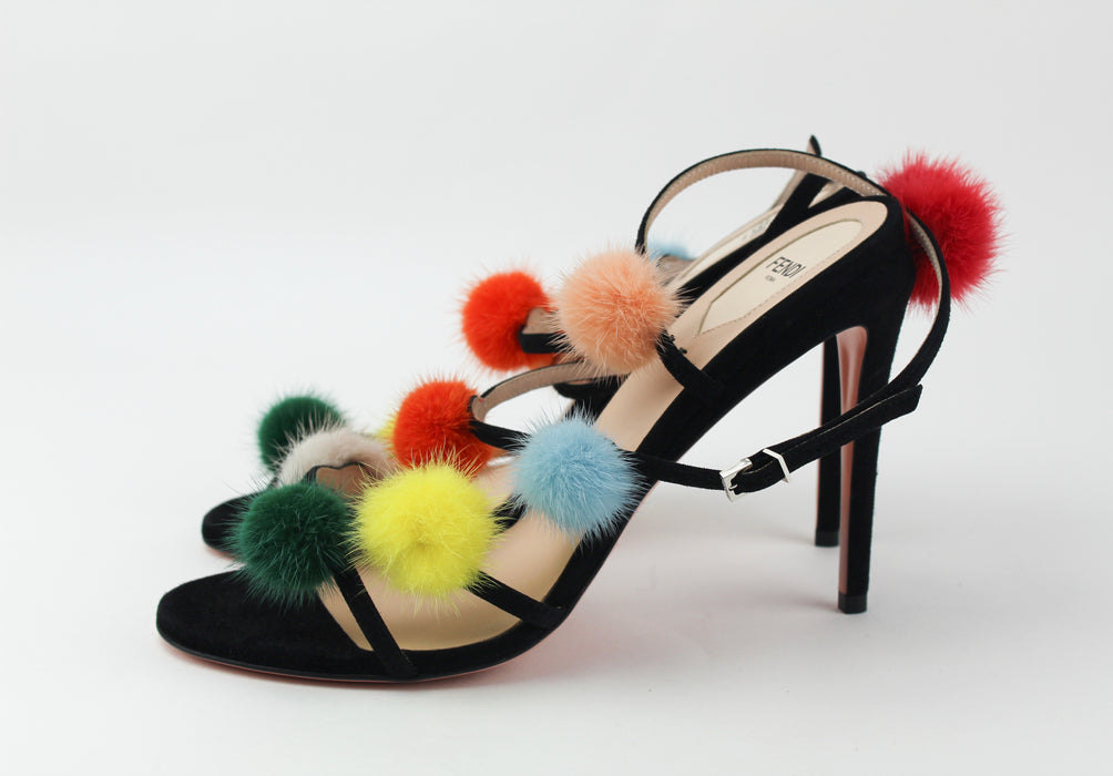 Fendi Suede Ankle-Wrap Sandal w/Mink Fur Pompoms
