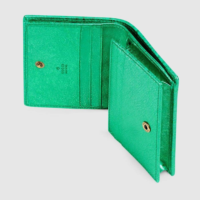 GUCCI GREEN LAMINATED LEATHER CARD CASE WALLET