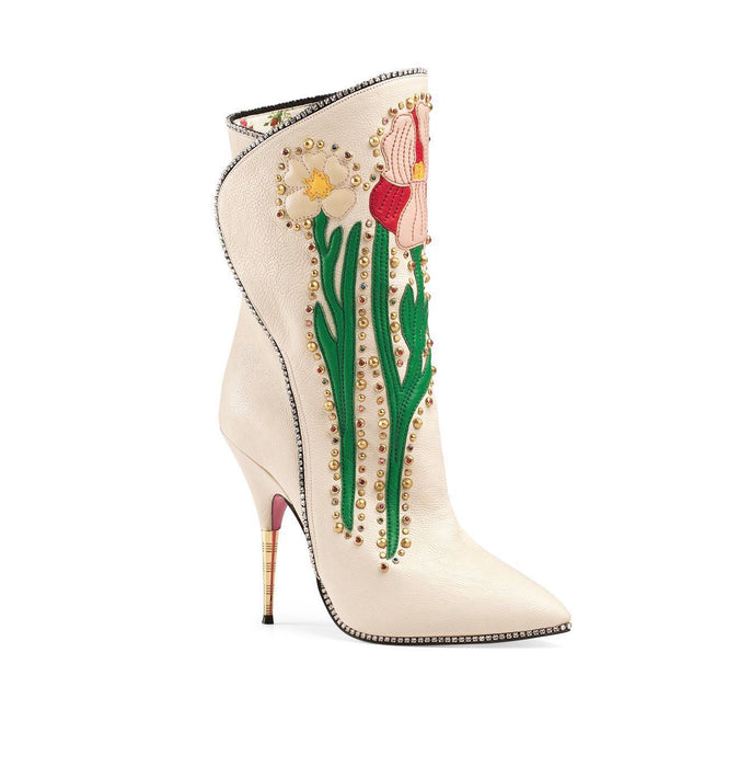 GUCCI FOSCA FLORAL-EMBROIDERED LEATHER BOOT SIZE 39 - LuxurySnob