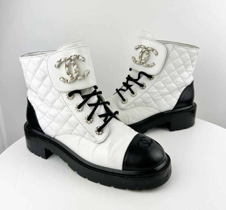 Chanel Women Lace Up Boots White and Black