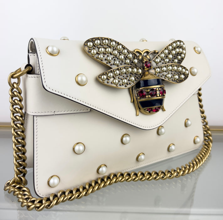 Gucci Broadway Pearly Bee Shoulder Bag Embellished Leather