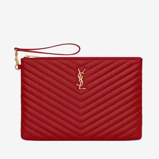 Saint Laurent Monogram Wristlet in Red Matelasse Leather