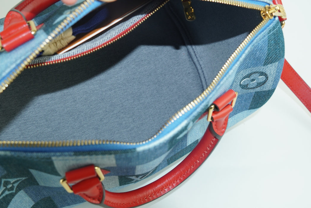 Louis Vuitton Limited Edition Denim Damier Monogram Patchwork Speedy Bandouliere 30 Blue Rouge